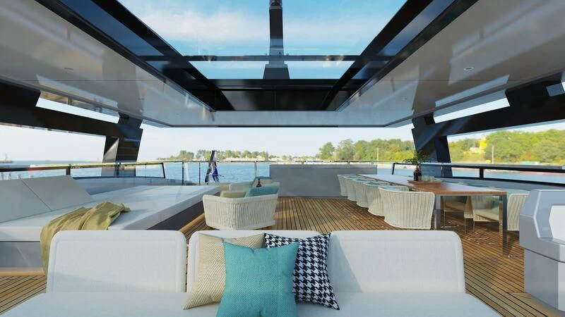 a room with couches and tables aboard SILVERCAT 24M Yacht for Sale