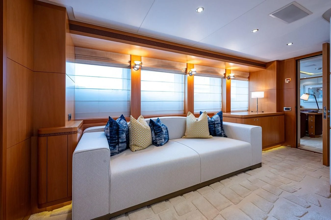 a bed in a room aboard SHARKFINN Yacht for Sale