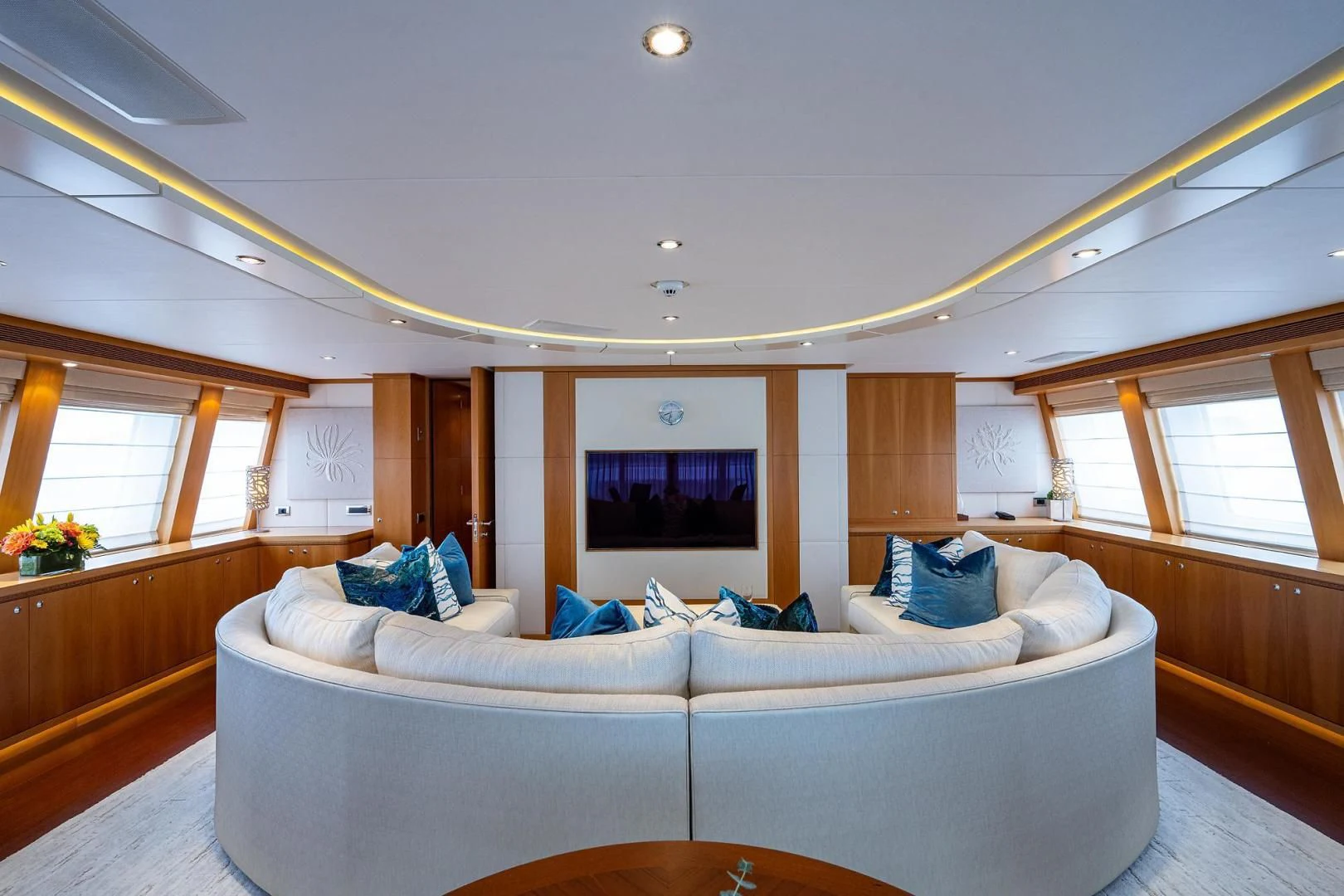 a large bed in a room aboard SHARKFINN Yacht for Sale