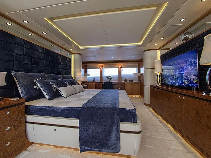 a bed in a room aboard SHARKFINN Yacht for Sale