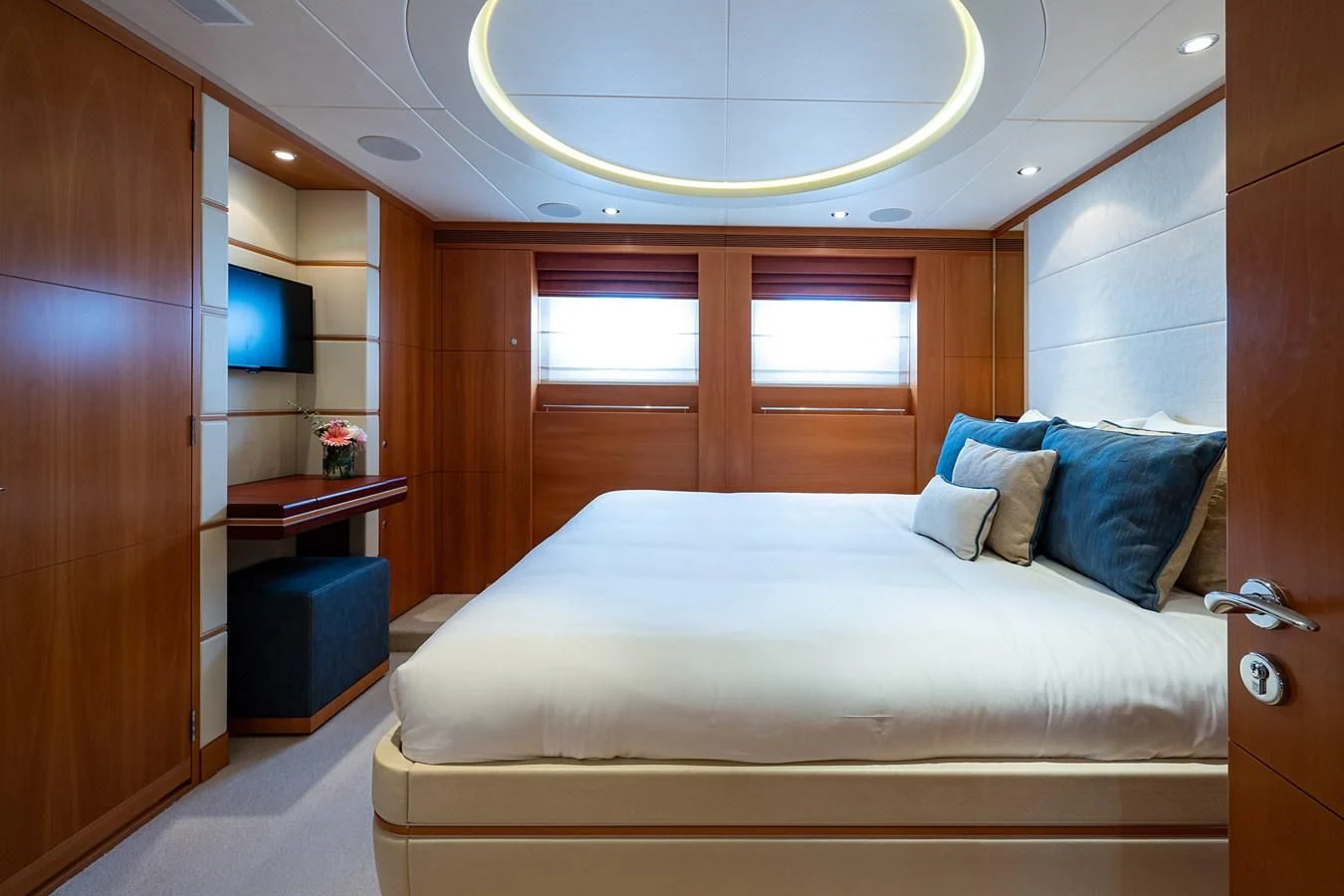 a bed in a room aboard SHARKFINN Yacht for Sale