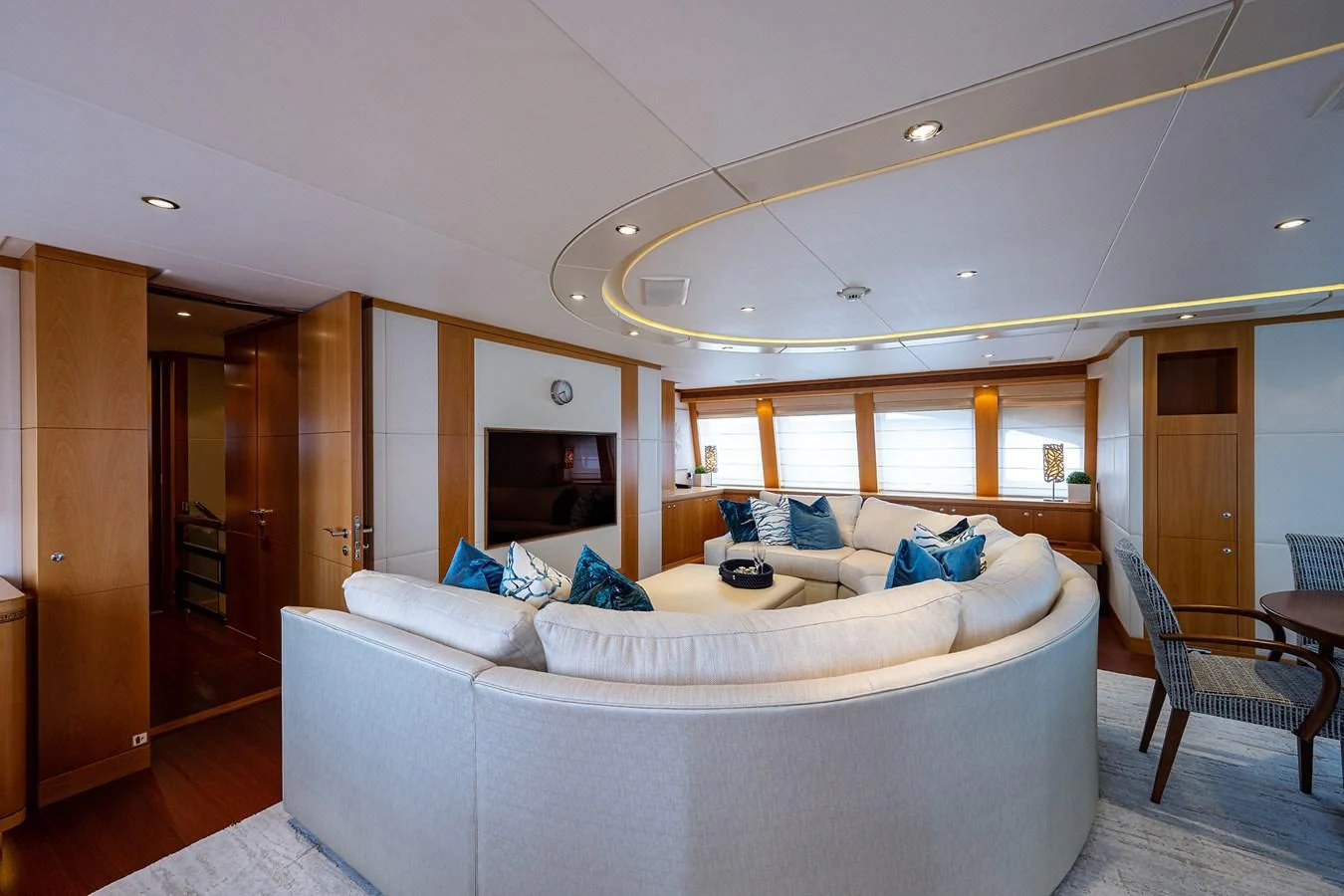 a large bedroom with a large bed aboard SHARKFINN Yacht for Sale
