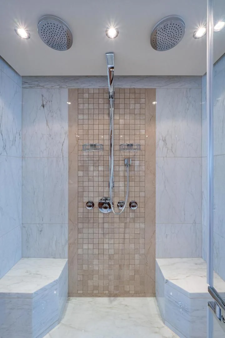 a shower with a glass door aboard SHARKFINN Yacht for Sale