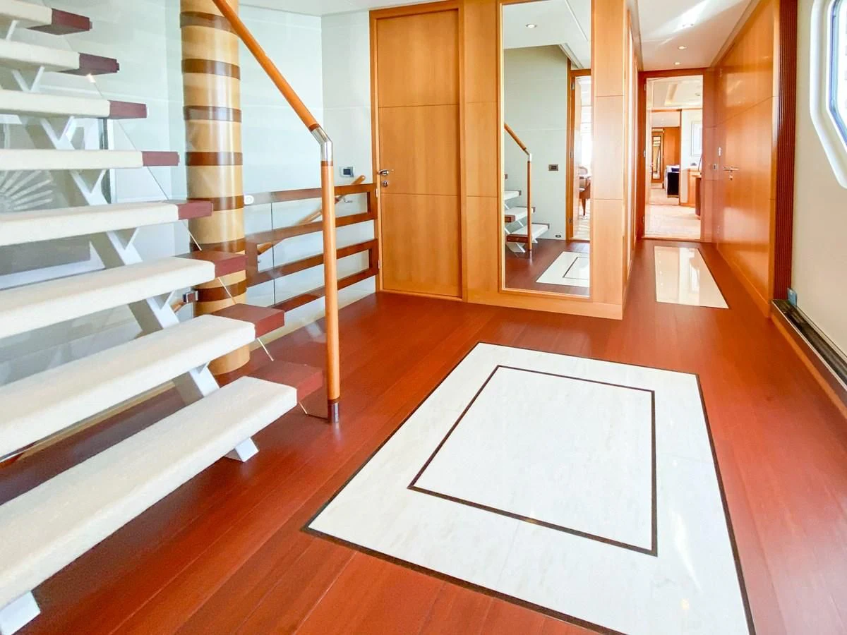 a staircase in a building aboard SHARKFINN Yacht for Sale