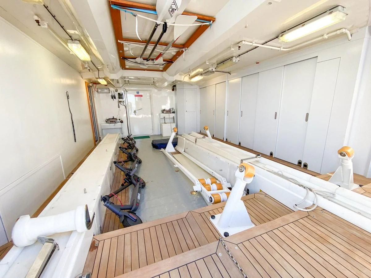 a room with several white pipes aboard SHARKFINN Yacht for Sale