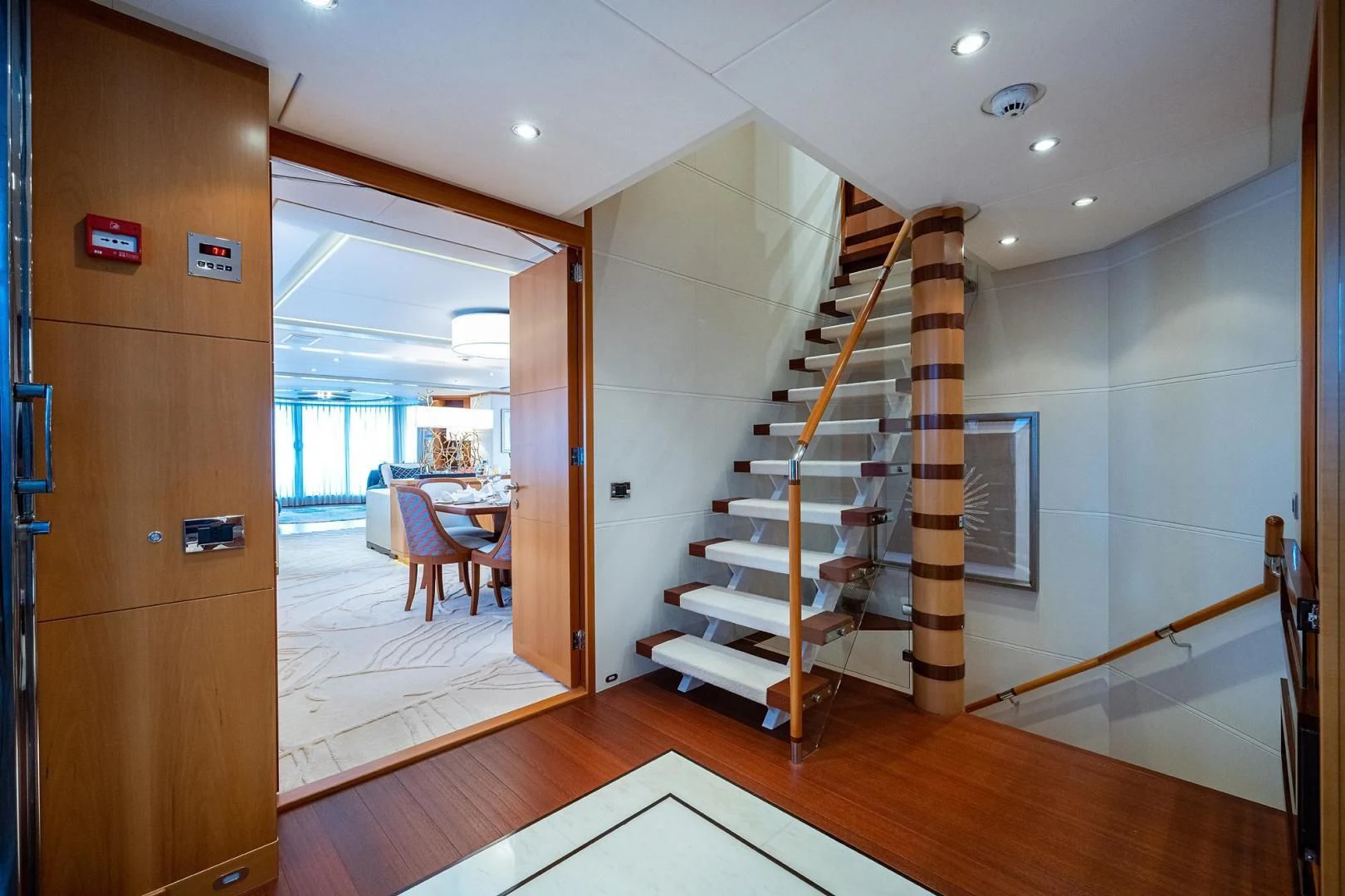 a staircase in a house aboard SHARKFINN Yacht for Sale