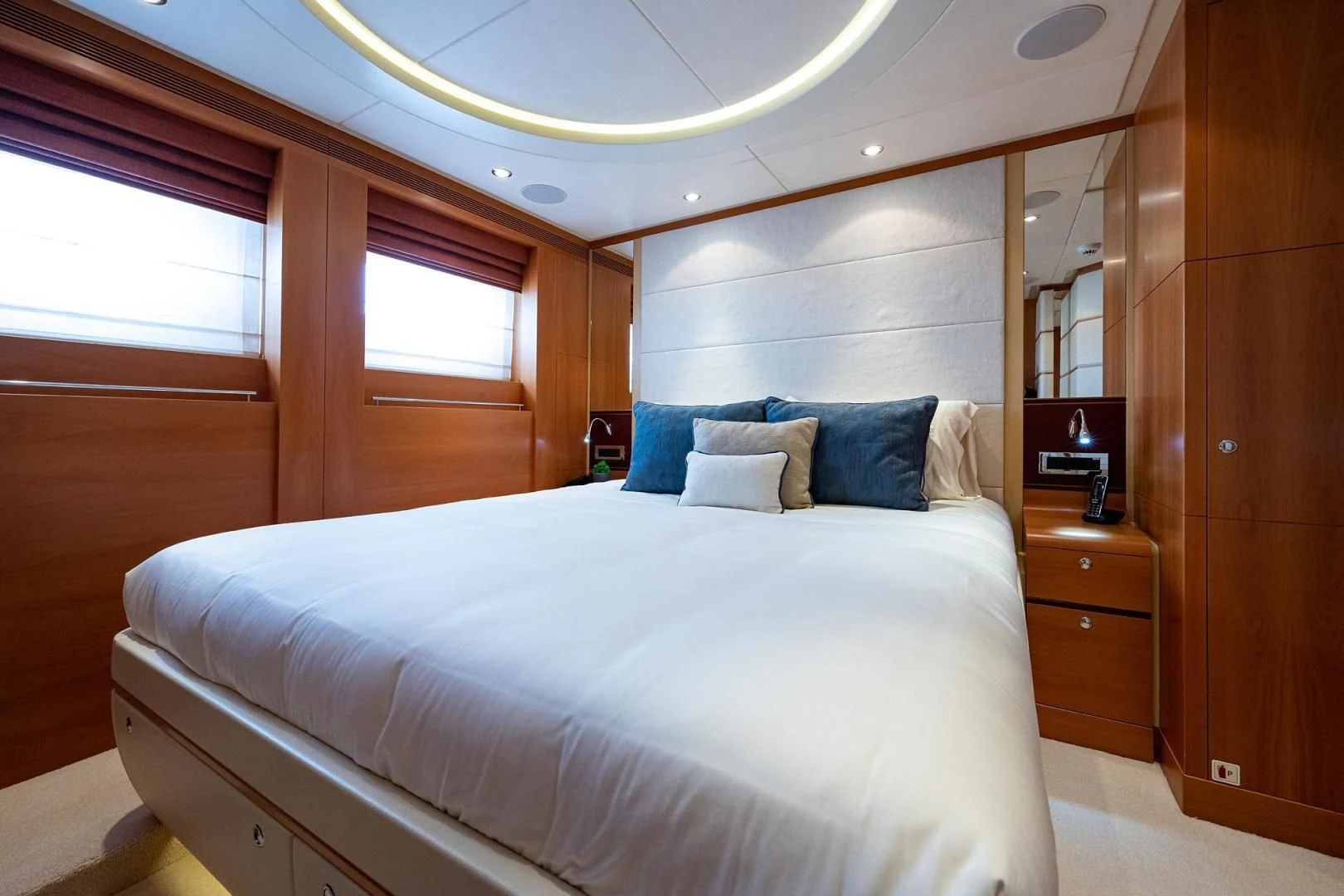 a bed in a room aboard SHARKFINN Yacht for Sale