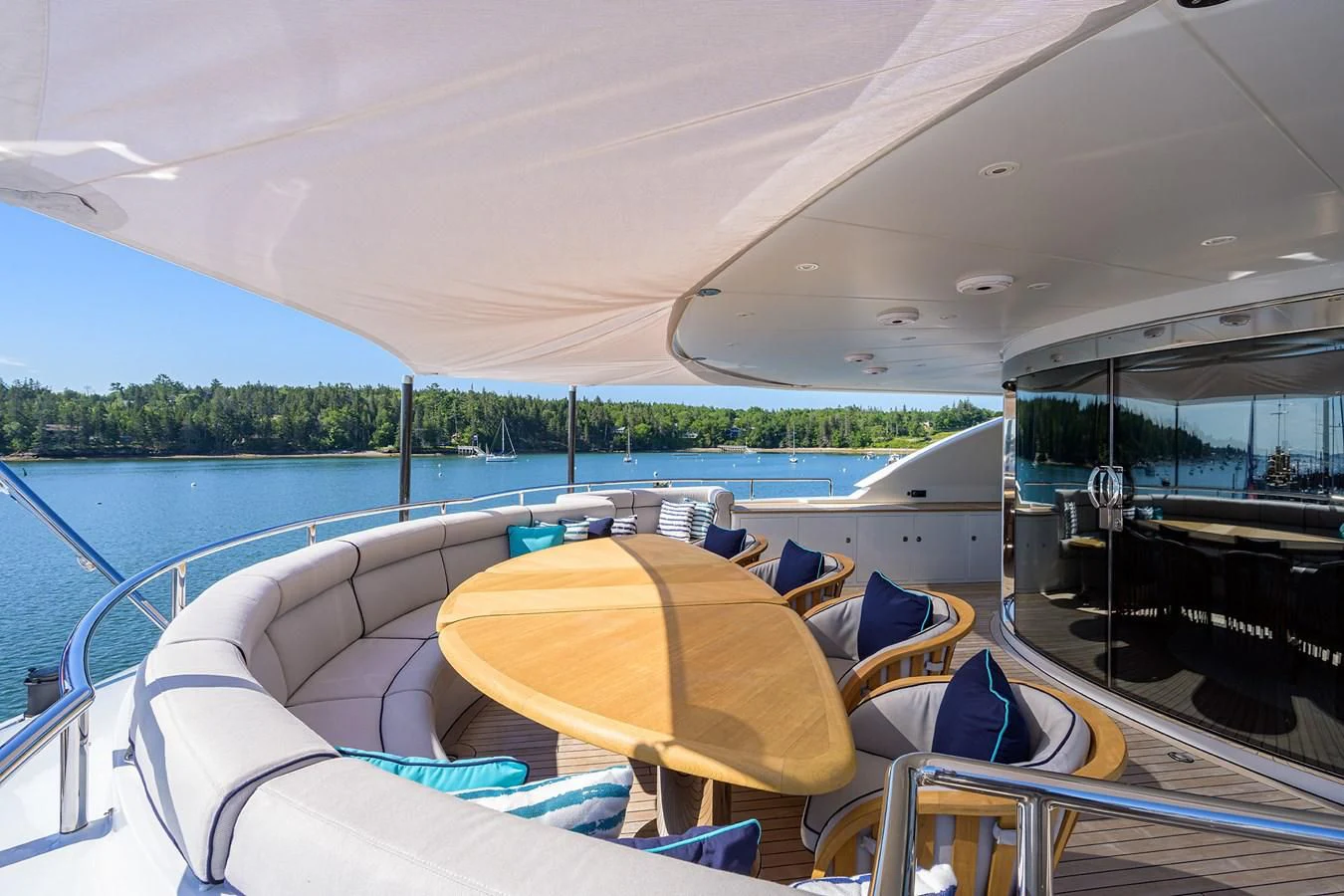 a boat with a canopy aboard SHARKFINN Yacht for Sale