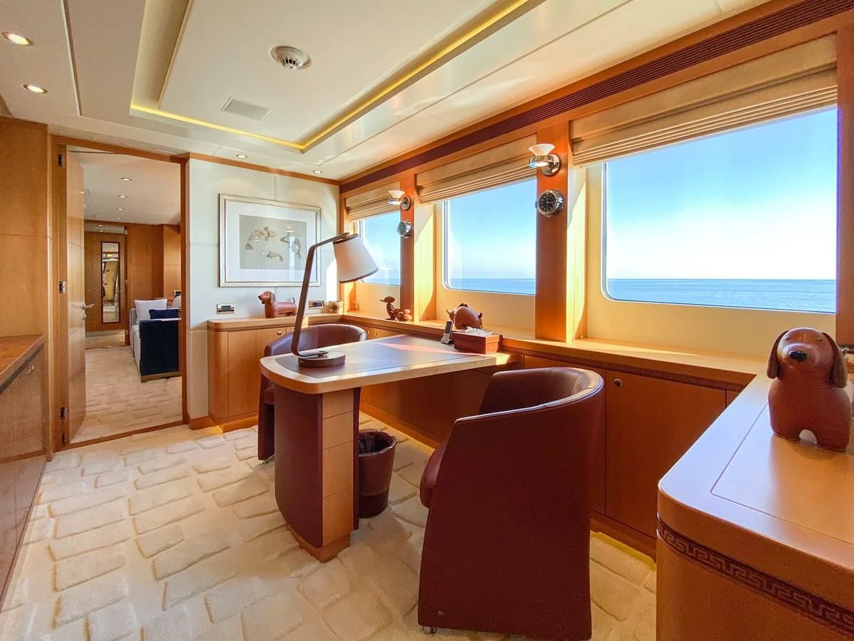 a large bathroom with a large window aboard SHARKFINN Yacht for Sale