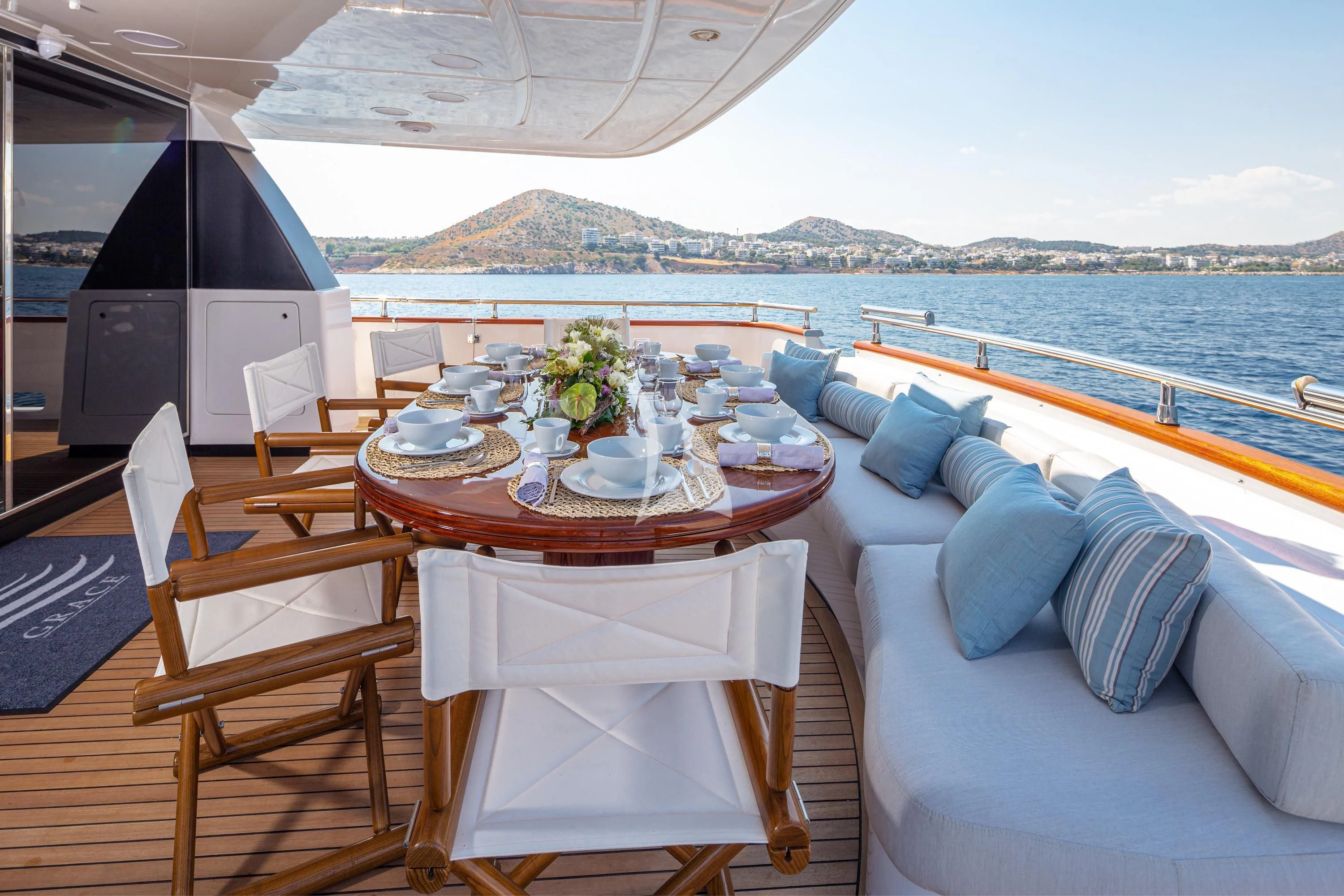 a table on a boat aboard GRACE Yacht for Sale