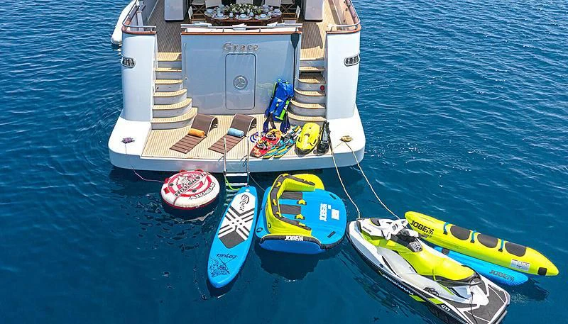 a boat with a motor attached to it aboard GRACE Yacht for Sale