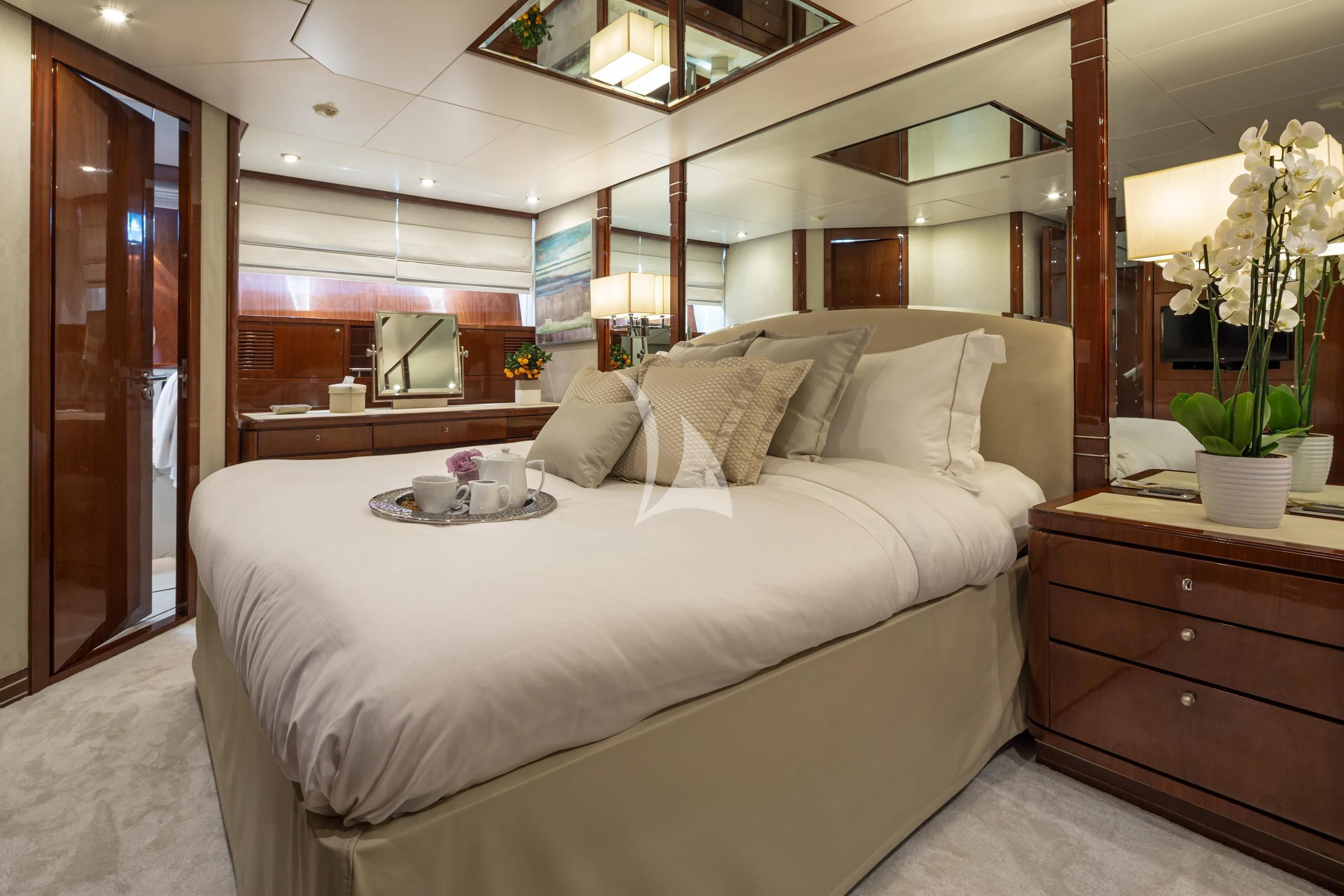 a bed in a room aboard GRACE Yacht for Sale