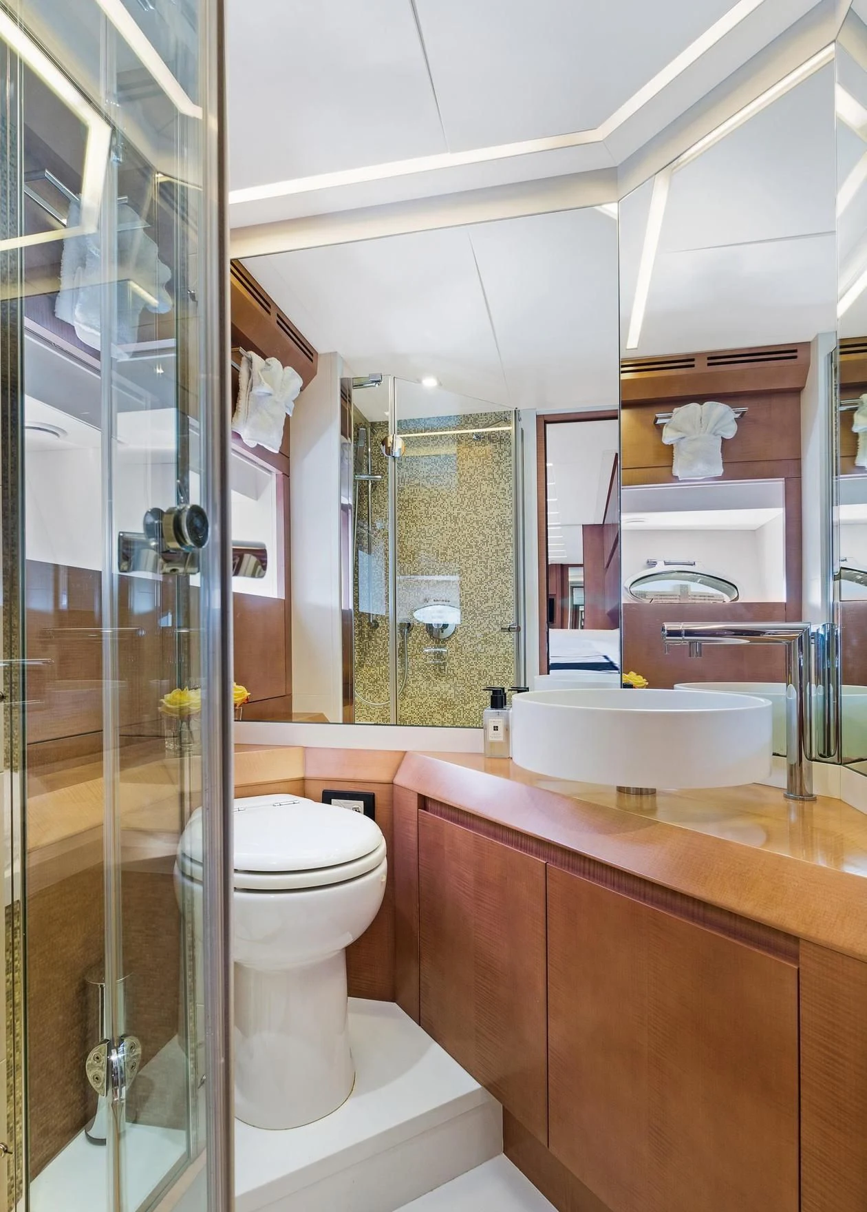 a bathroom with a glass shower aboard VIXEN Yacht for Sale