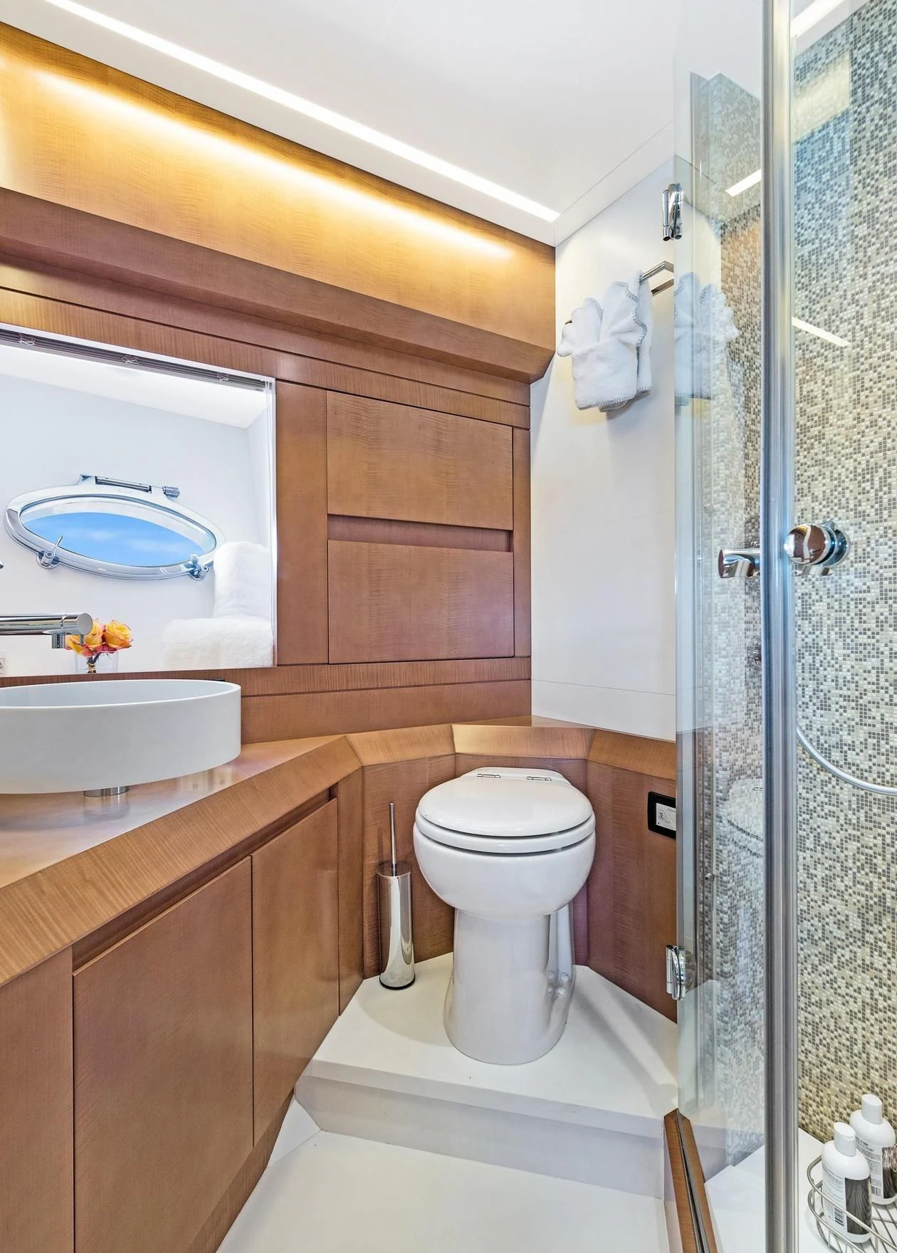 a bathroom with a sink toilet and a shower aboard VIXEN Yacht for Sale