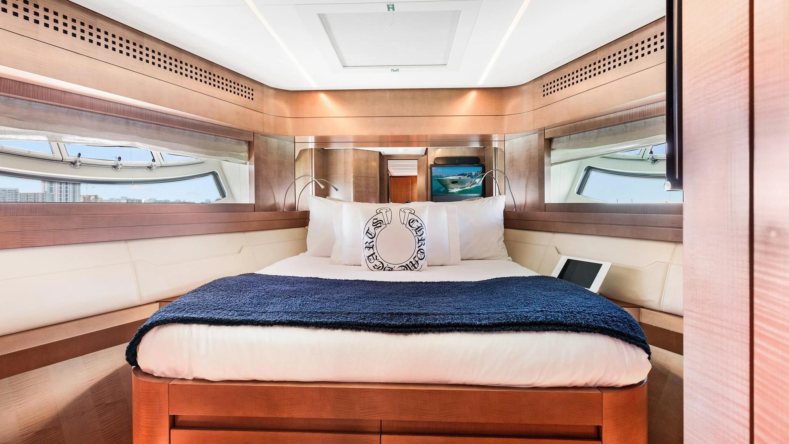 a bed in a room aboard VIXEN Yacht for Sale
