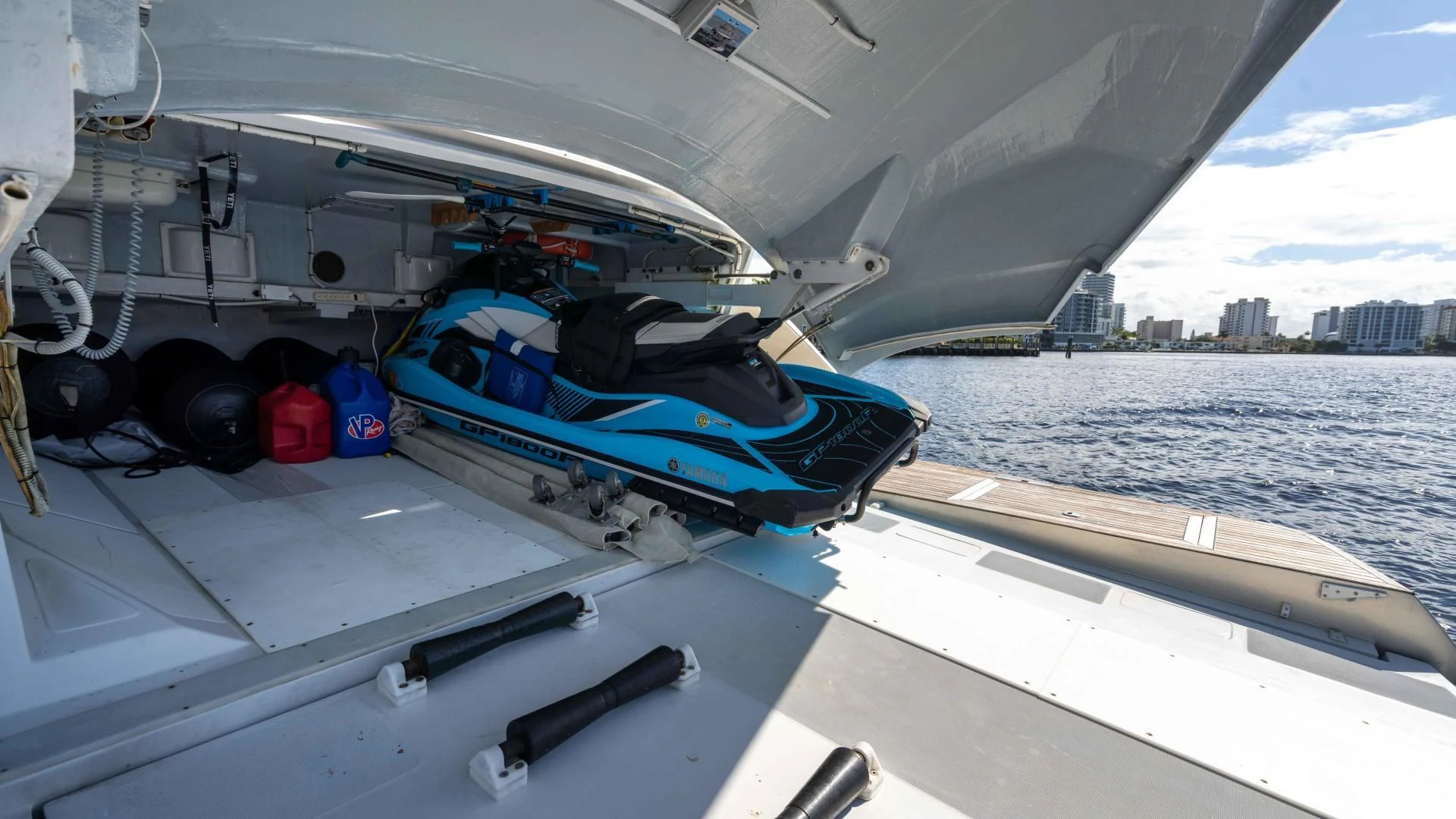 a boat with a blue cover on the front aboard VIXEN Yacht for Sale