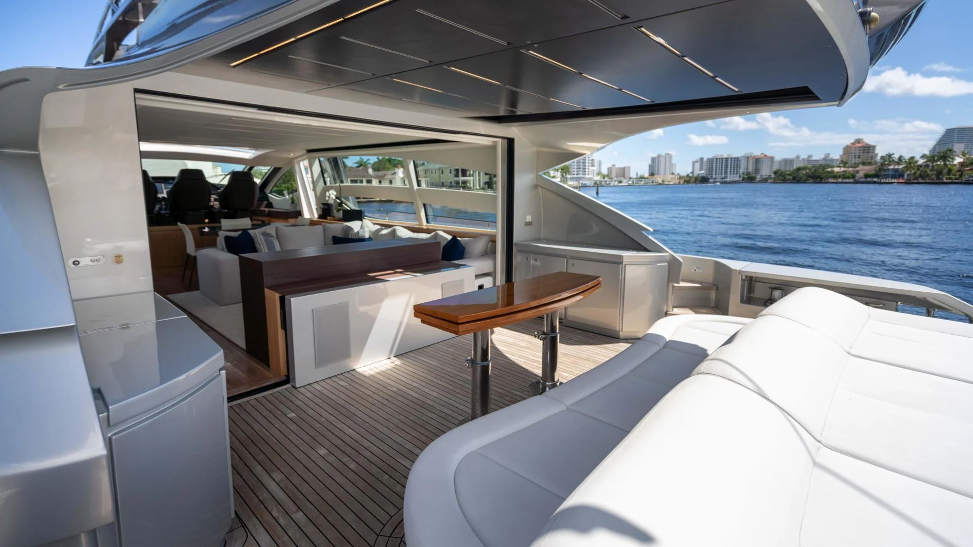 a boat with a table and chairs on it aboard VIXEN Yacht for Sale