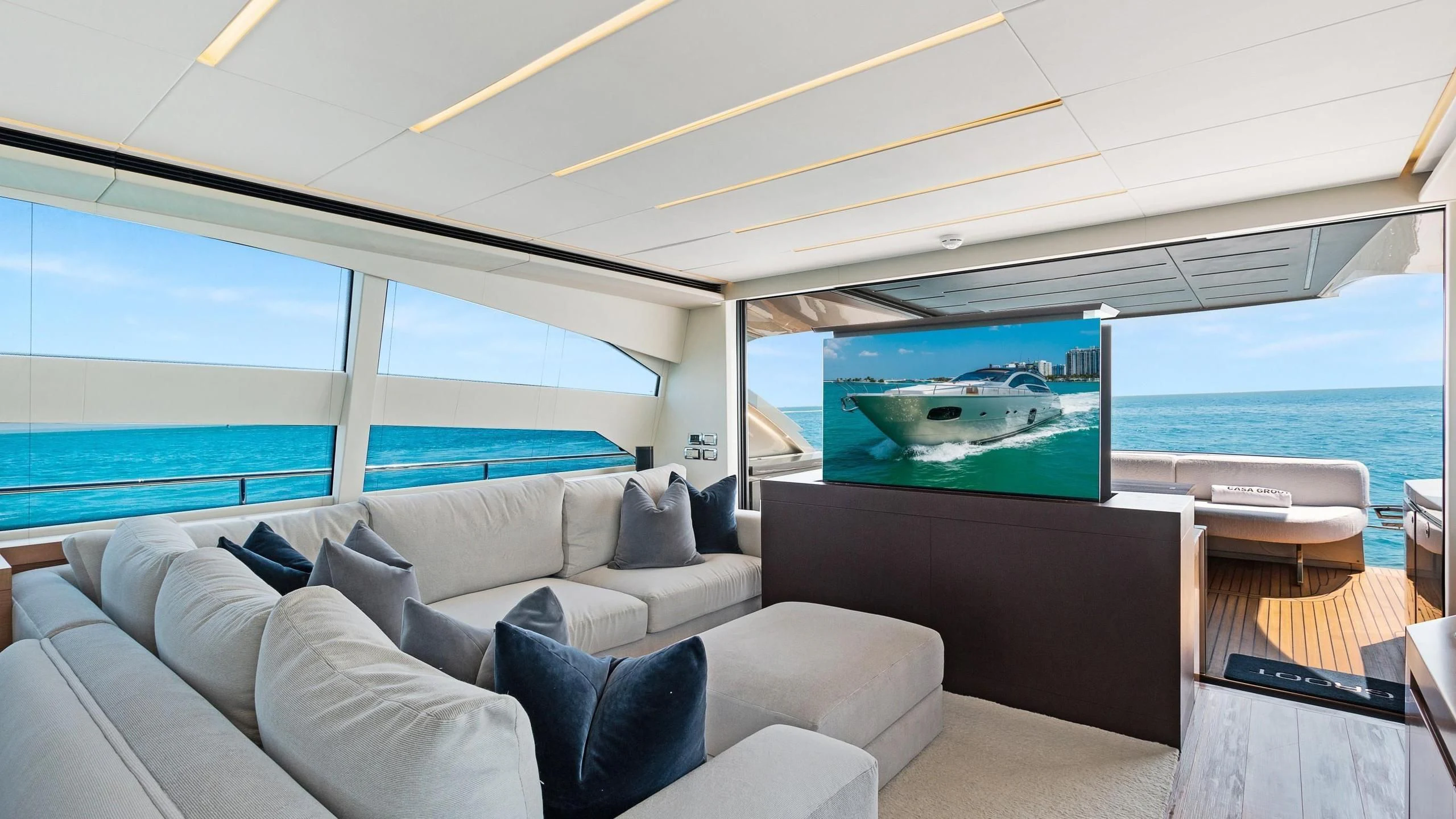 a large living room with a large ocean view aboard VIXEN Yacht for Sale