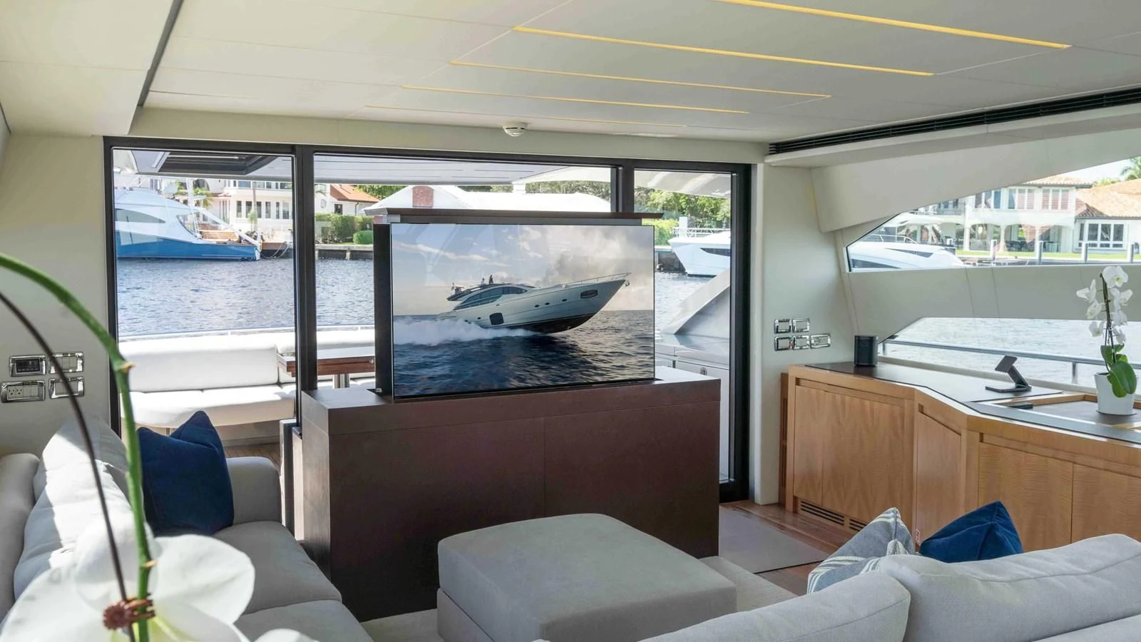 a room with a large window and a view of the water aboard VIXEN Yacht for Sale