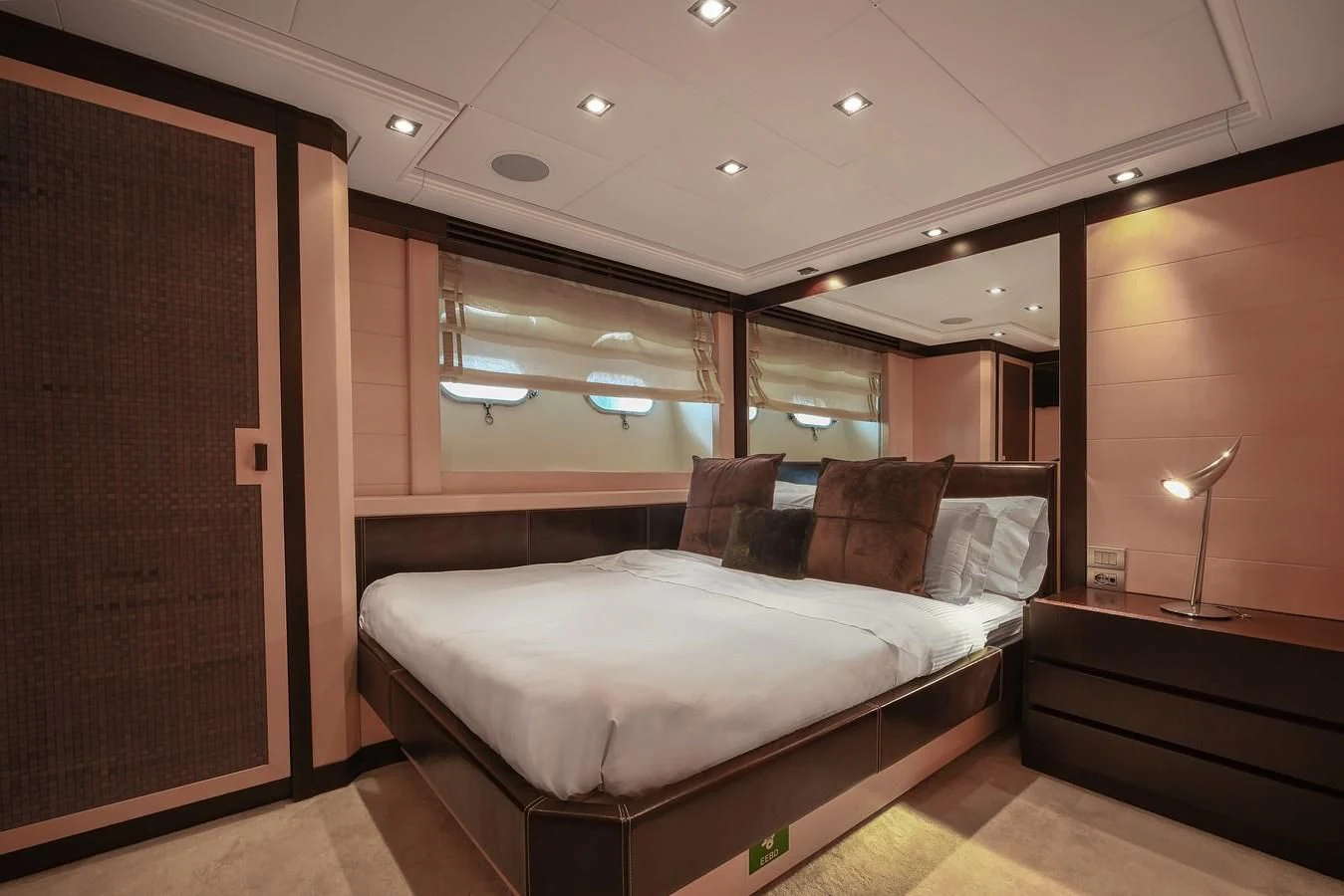 a bed in a room aboard LIBERDADE Yacht for Sale