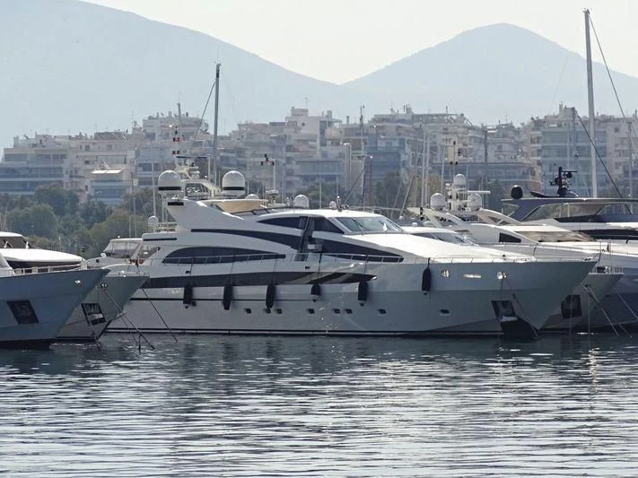 a group of boats in a harbor aboard LIBERDADE Yacht for Sale