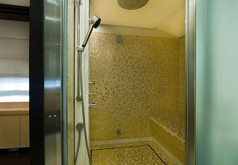 a shower unit with a glass door aboard LIBERDADE Yacht for Sale