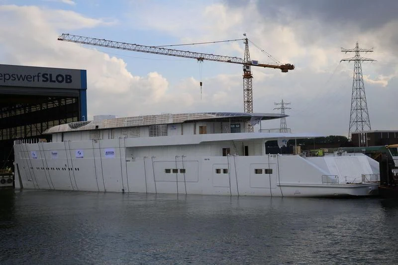 a large white ship with cranes aboard MOONRISE Yacht for Sale