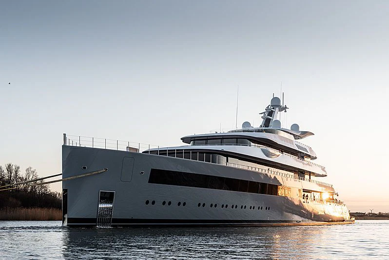a large white boat in the water aboard MOONRISE Yacht for Sale