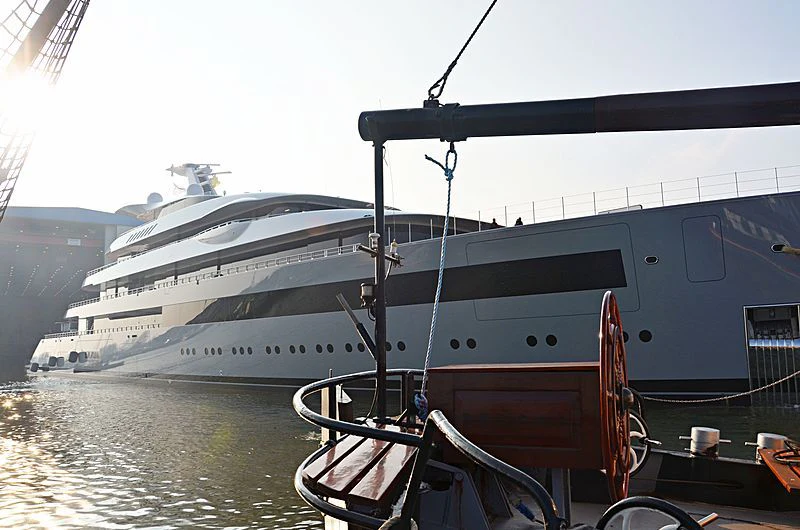 a boat docked at a pier aboard MOONRISE Yacht for Sale
