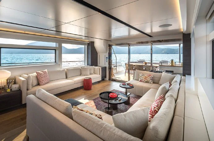 a living room with a large window aboard NUMARINE 26XP/24 Yacht for Sale