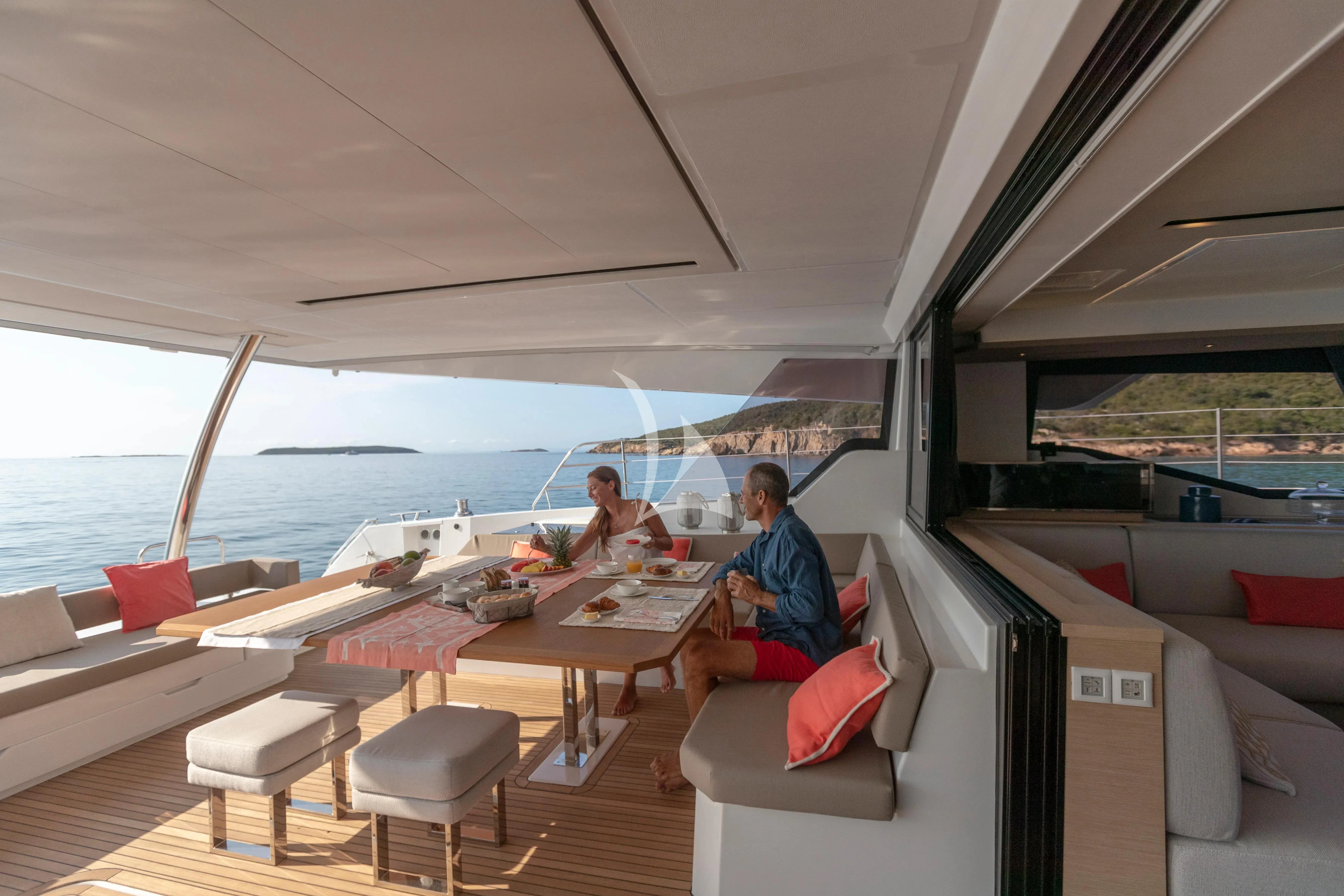 a couple sitting on a boat aboard STEPHANIE Yacht for Charter