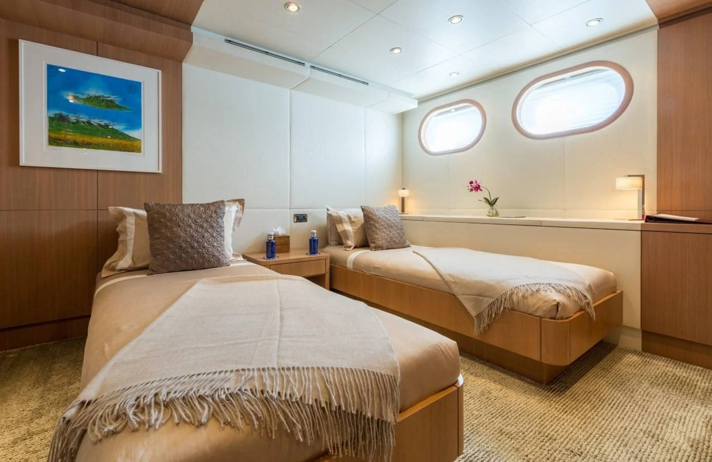 a room with two beds aboard GO Yacht for Sale