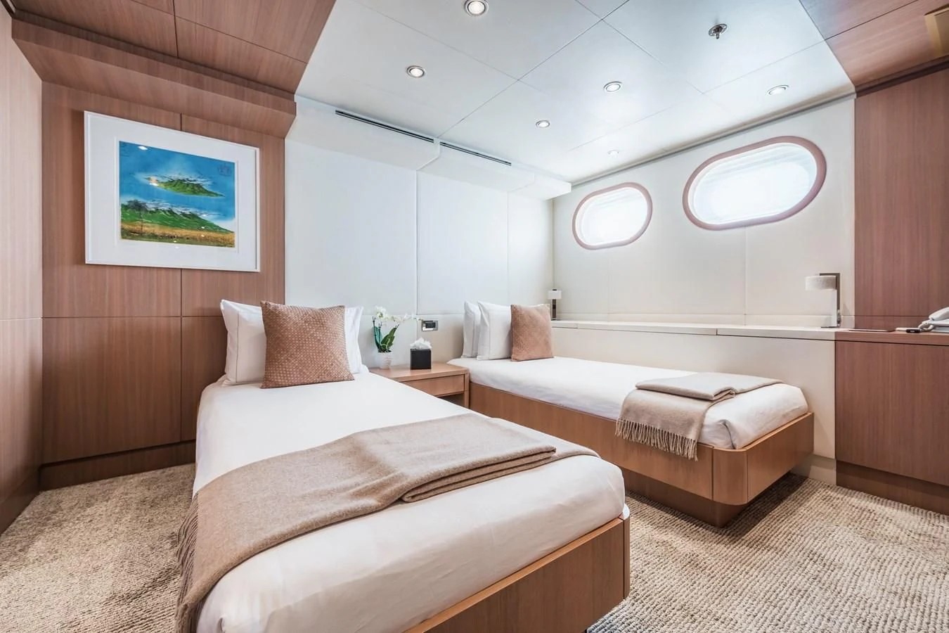 a room with two beds aboard GO Yacht for Sale