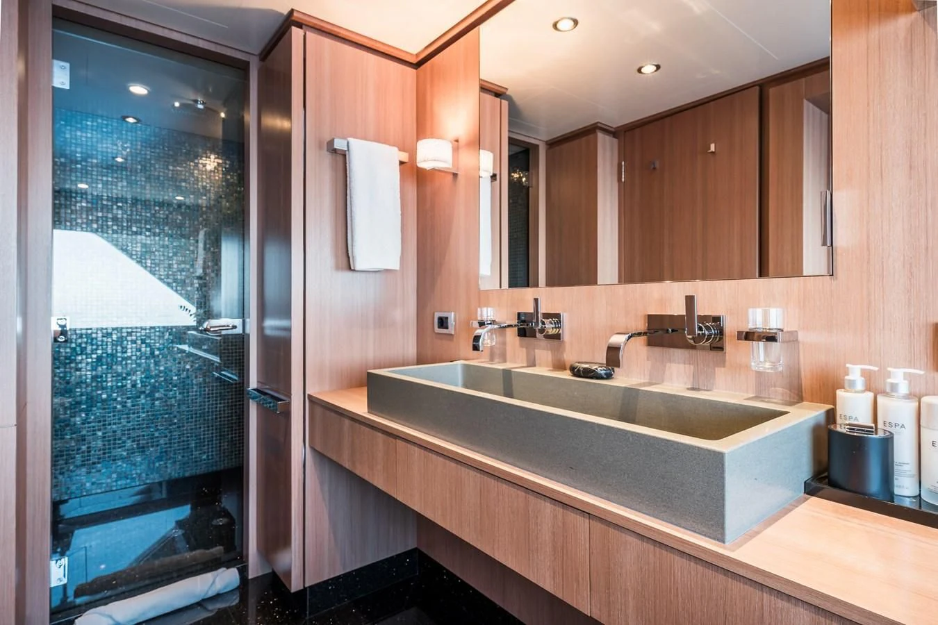 a bathroom with a large window aboard GO Yacht for Sale