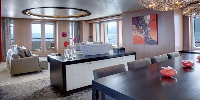 a modern looking living room aboard GO Yacht for Sale