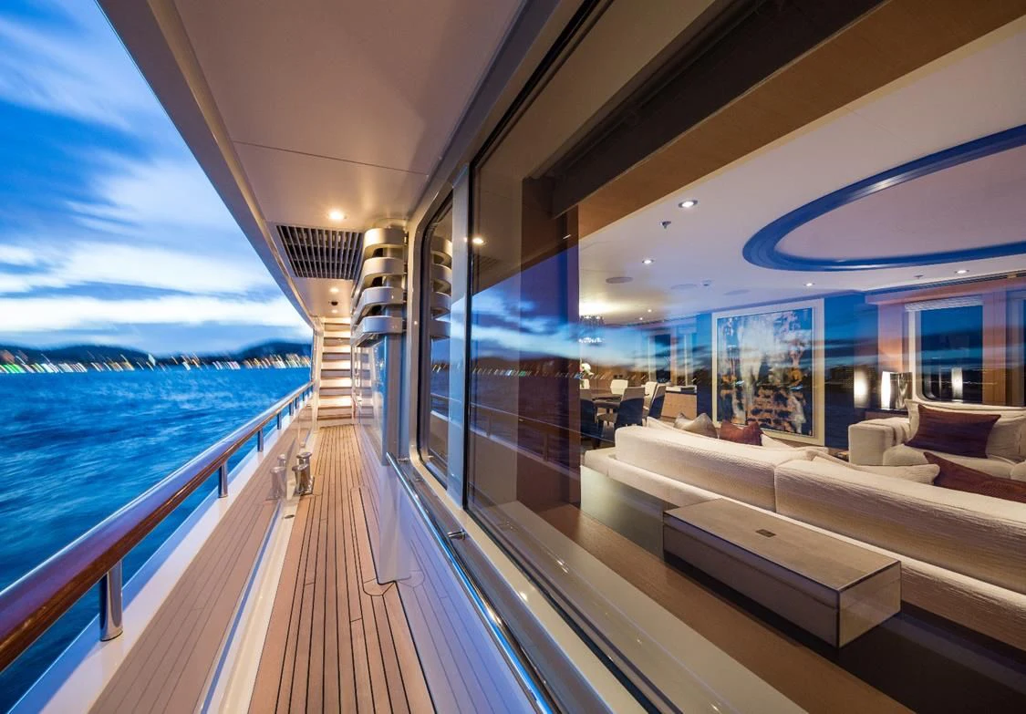 a deck with a view of the water and the deck aboard GO Yacht for Sale
