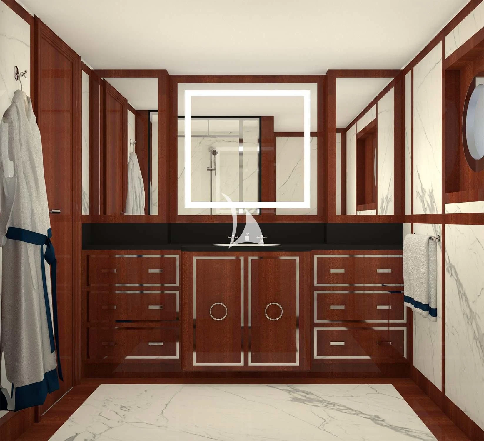 a bathroom with wooden cabinets aboard FORCE BLUE Yacht for Charter