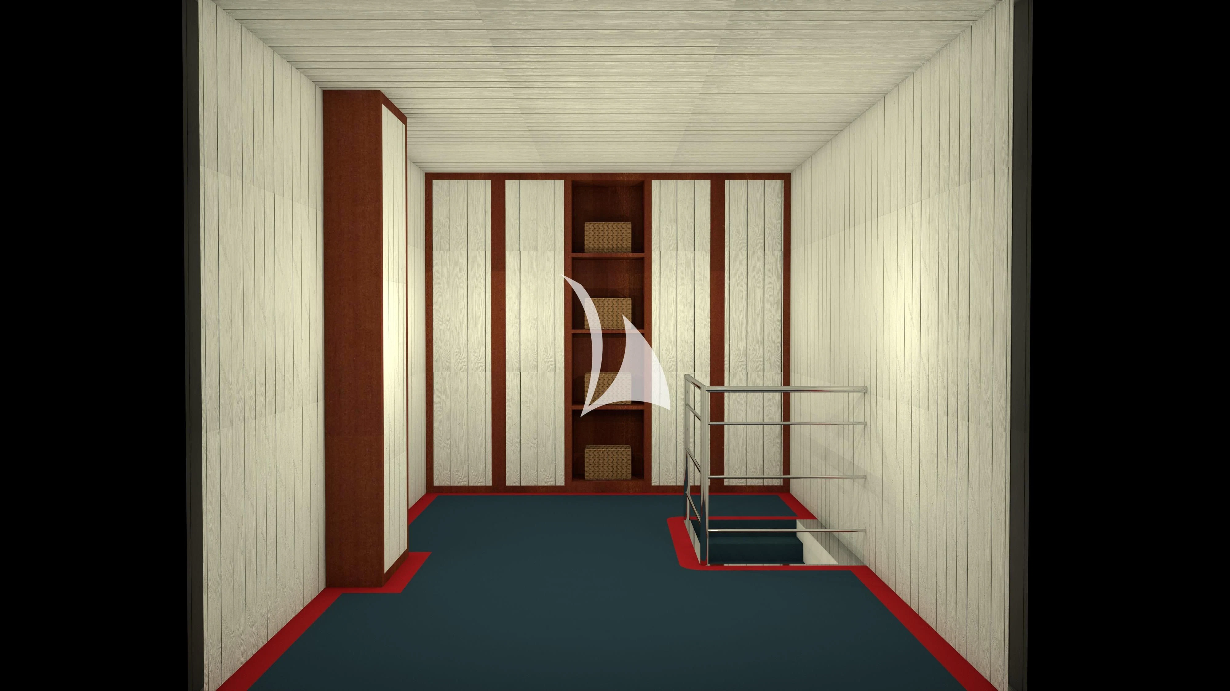 a room with a blue mat and red carpet aboard FORCE BLUE Yacht for Charter