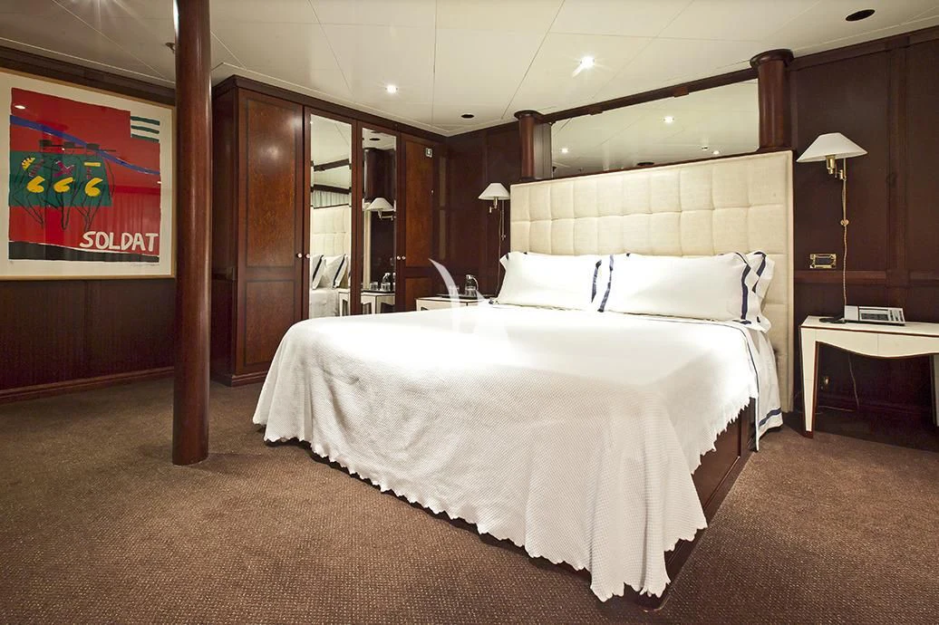 a large bed in a room aboard FORCE BLUE Yacht for Charter