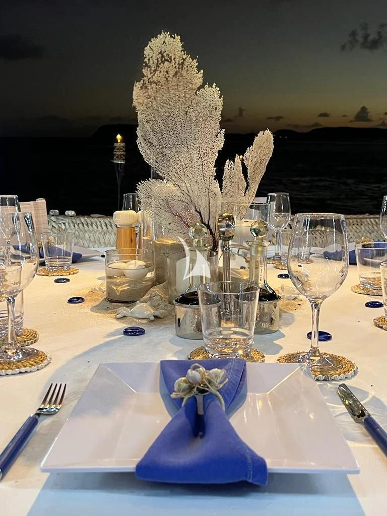 a table with wine glasses and napkins aboard FORCE BLUE Yacht for Charter
