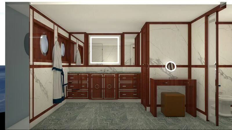 a room with a wood door and a mirror aboard FORCE BLUE Yacht for Charter