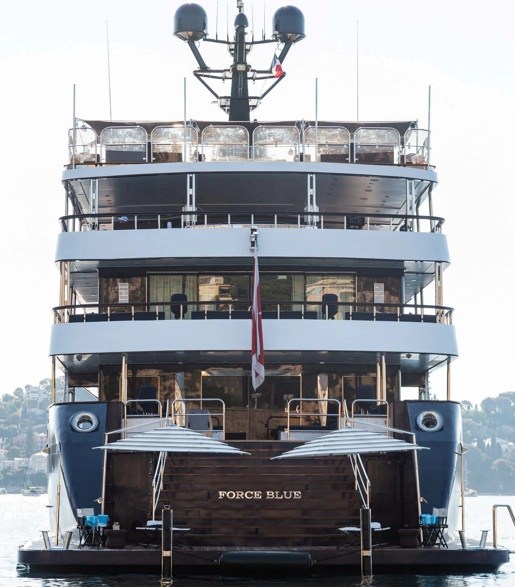 a large ship docked aboard FORCE BLUE Yacht for Charter