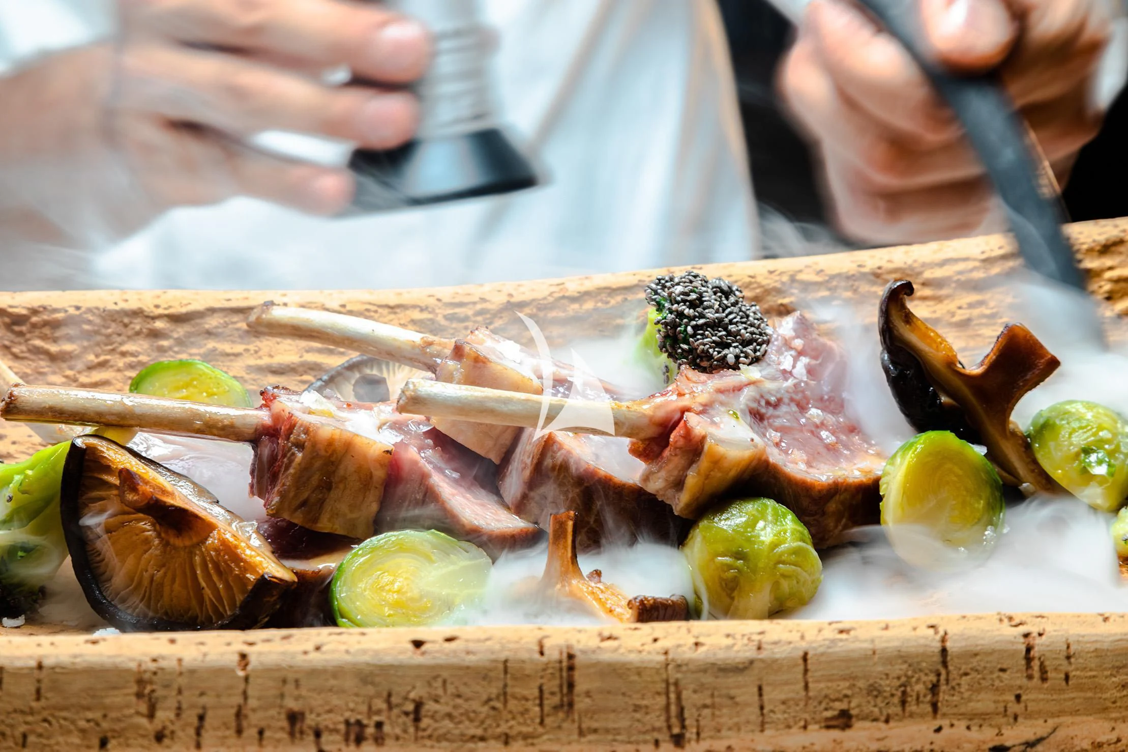 a person cutting a piece of meat aboard FORCE BLUE Yacht for Charter