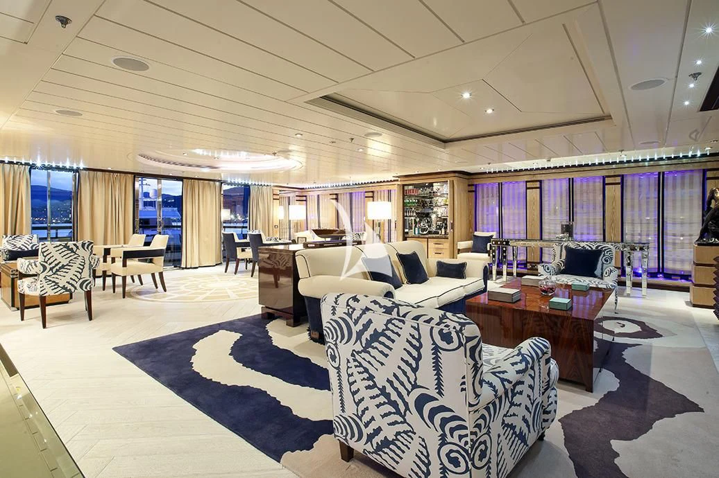 a large living room with a large window aboard FORCE BLUE Yacht for Charter