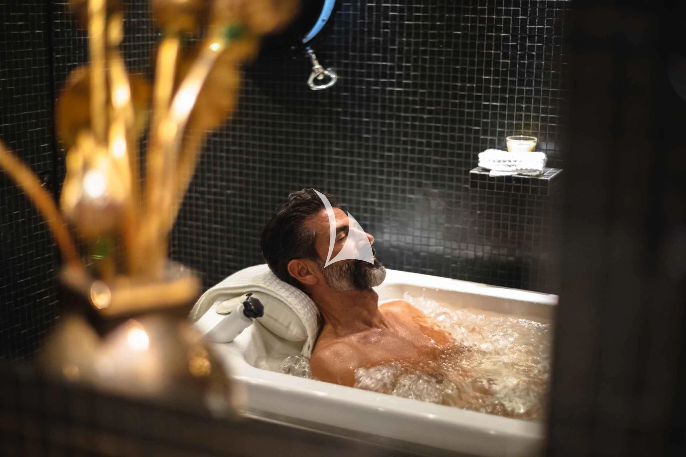 a dog in a bathtub aboard FORCE BLUE Yacht for Charter