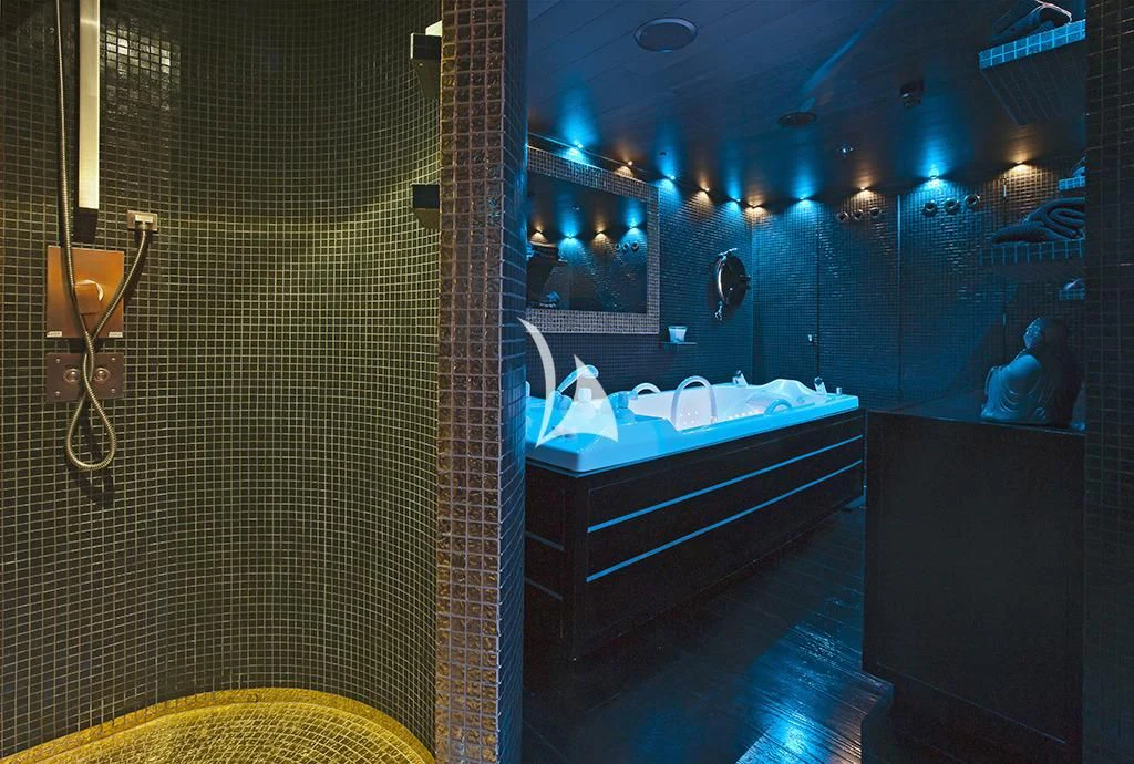 a bathroom with a large mirror aboard FORCE BLUE Yacht for Charter