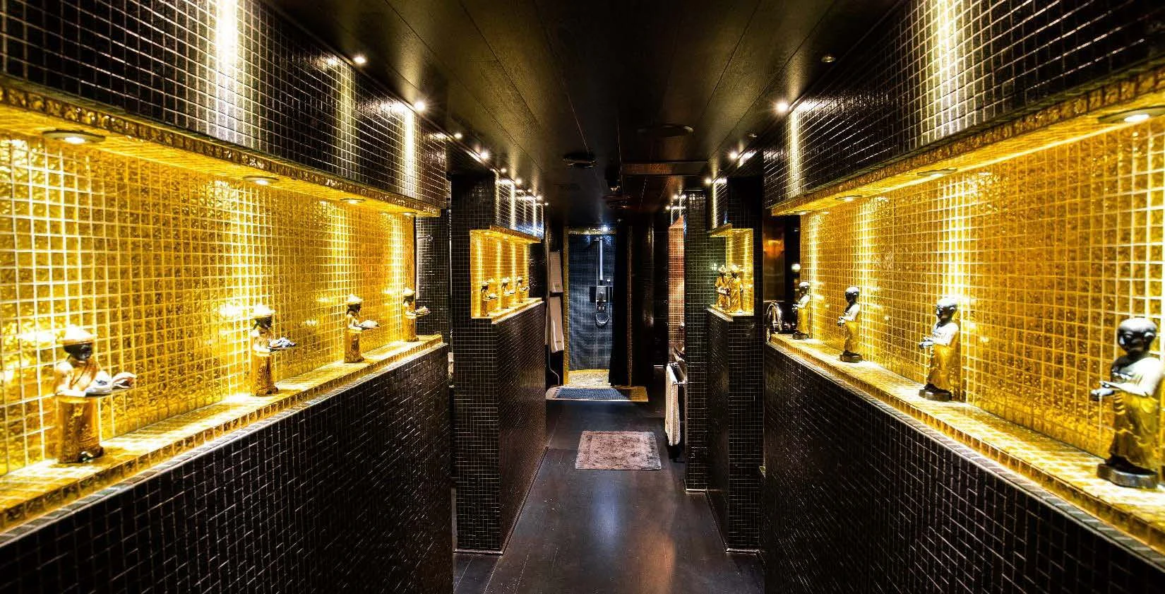 a bathroom with a large mirror aboard FORCE BLUE Yacht for Charter