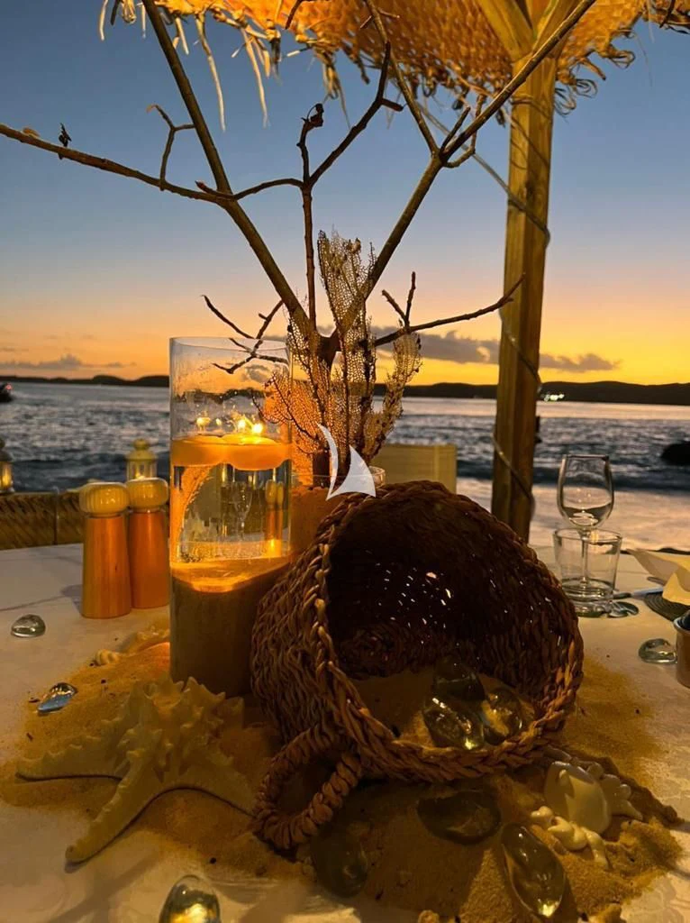 a tree with a drink and a stuffed animal on it aboard FORCE BLUE Yacht for Charter