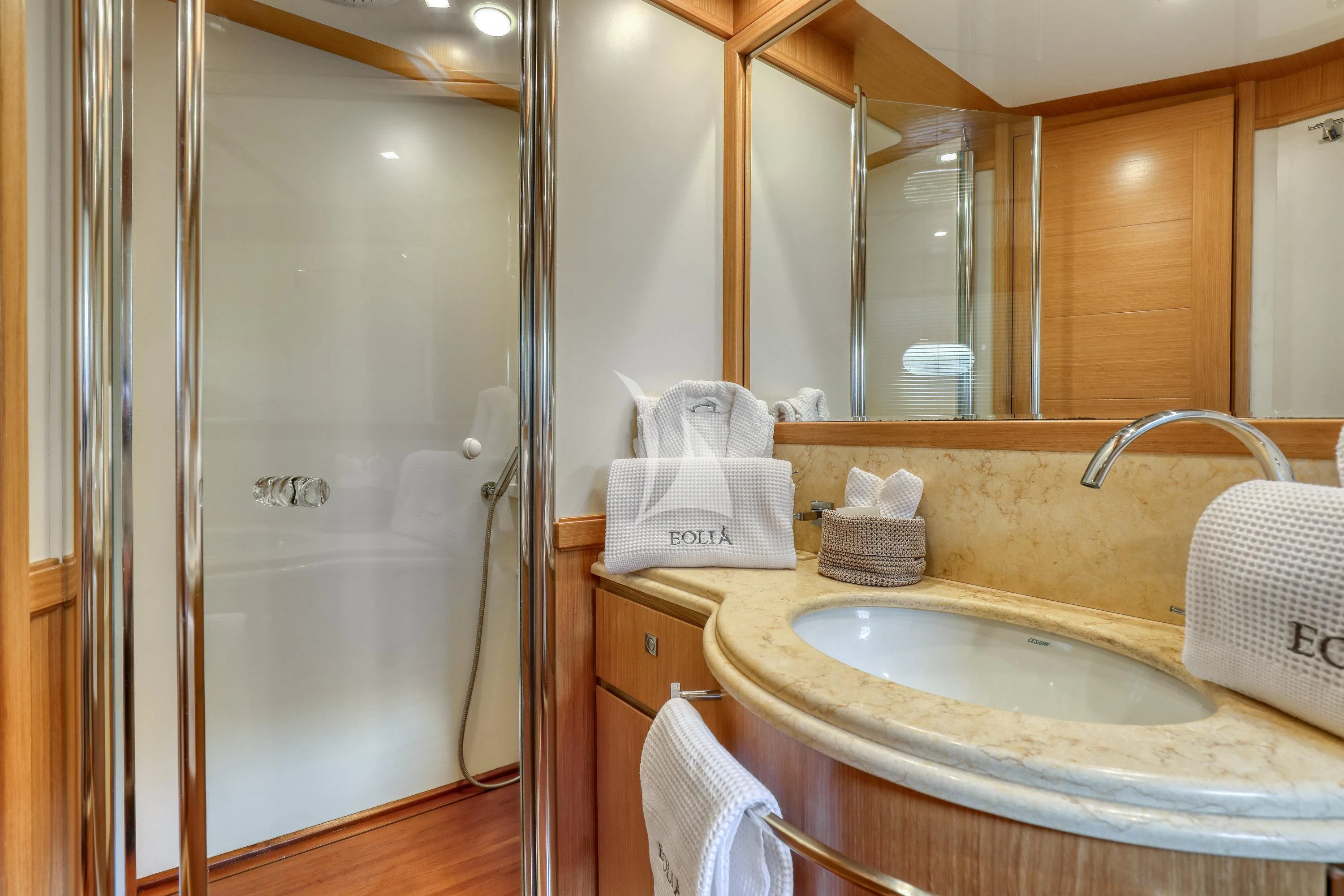 a bathroom with a sink and a shower aboard EOLIA Yacht for Sale