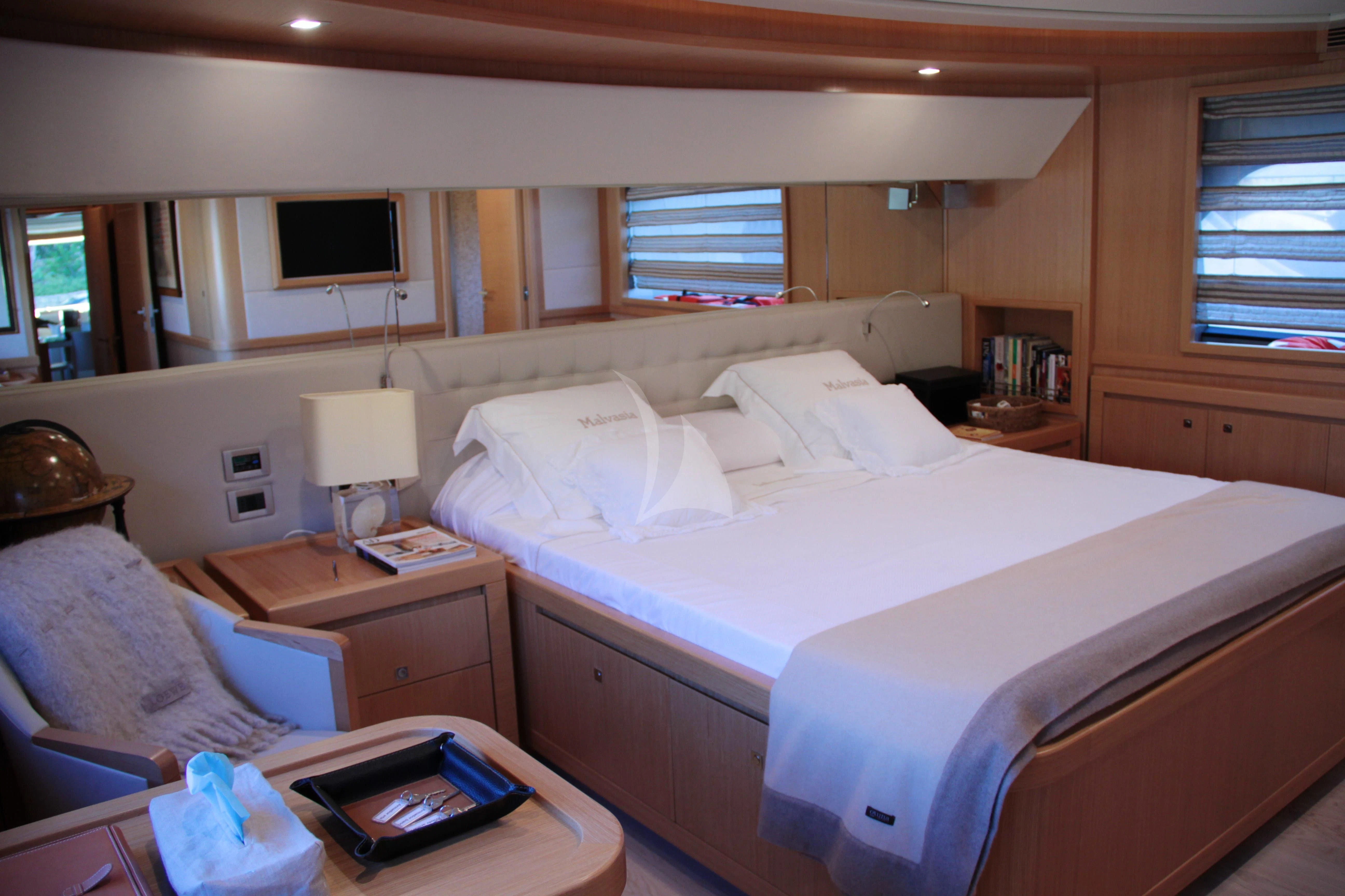 a hotel room with two beds aboard EOLIA Yacht for Sale